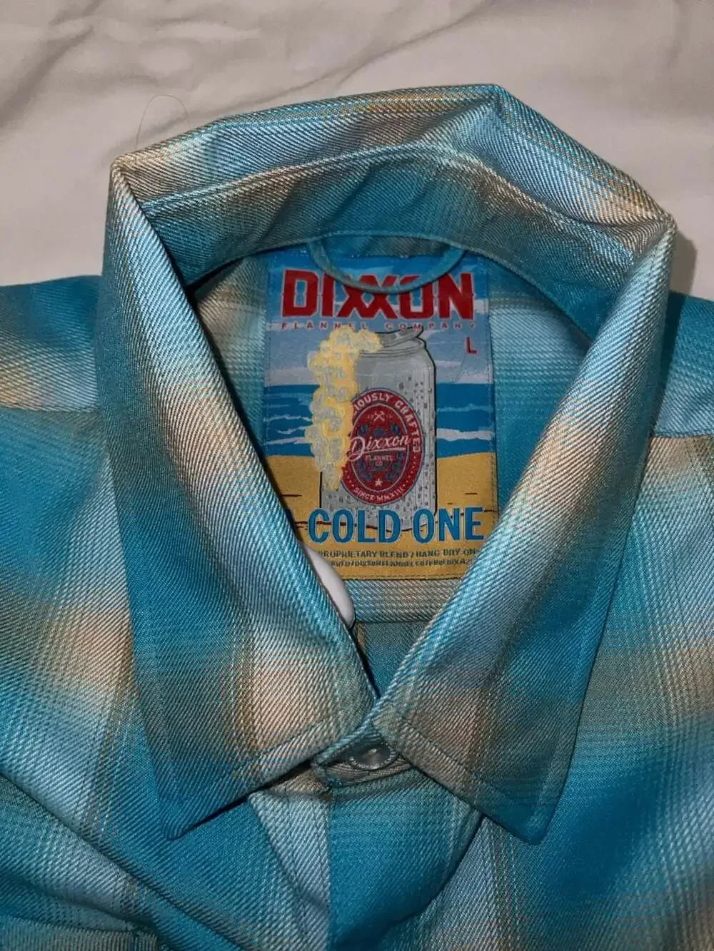 Dixxon Flannel Co. Men's A Cold One Blue and Tan Plaid Flannel Shirt - Picture 4 of 4